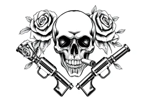 A skull with a cigar, surrounded by thorny roses and crossed pistols. tattoo idea