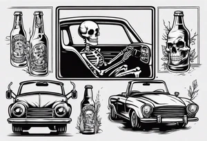 A skeleton sitting in a car drinking a beer tattoo idea