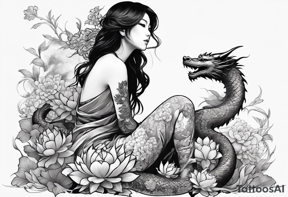 a profile of a girl sitting on flowers on her sideway, surrounded by asian dragon tattoo idea