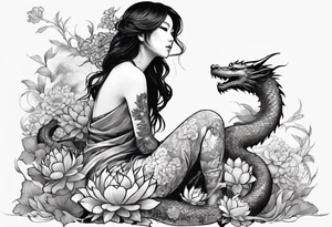 a profile of a girl sitting on flowers on her sideway, surrounded by asian dragon tattoo idea