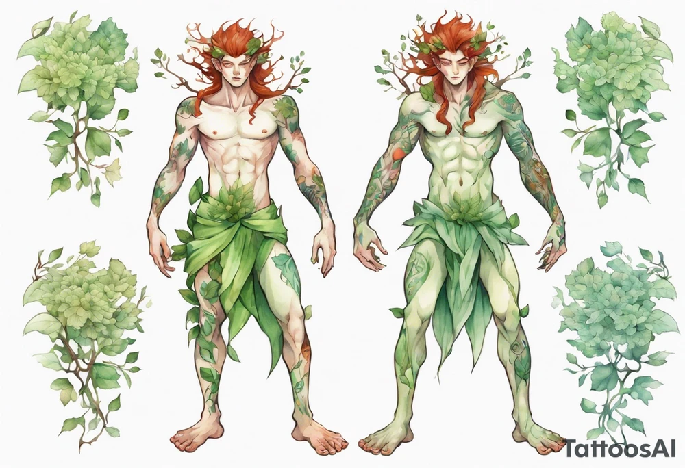 a slender and beautiful male dryad with pale green skin and auburn hair and roots for feet tattoo idea