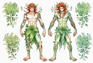 a slender and beautiful male dryad with pale green skin and auburn hair and roots for feet tattoo idea