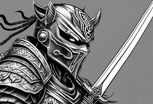 Angry robot demon ninja with demon mask with sword tattoo idea
