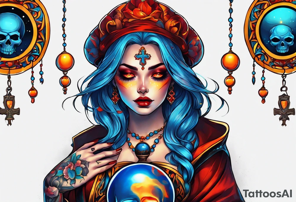 Bright bold Neo traditional tattoo woman with skulls and blood Holding a blue glowing sphere. Crosses for eyes. Orange, yellow, red, blue colors tattoo idea