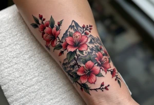 wrap around entire wrist red  and black rhododendron trippy with Himalayas behind tattoo idea