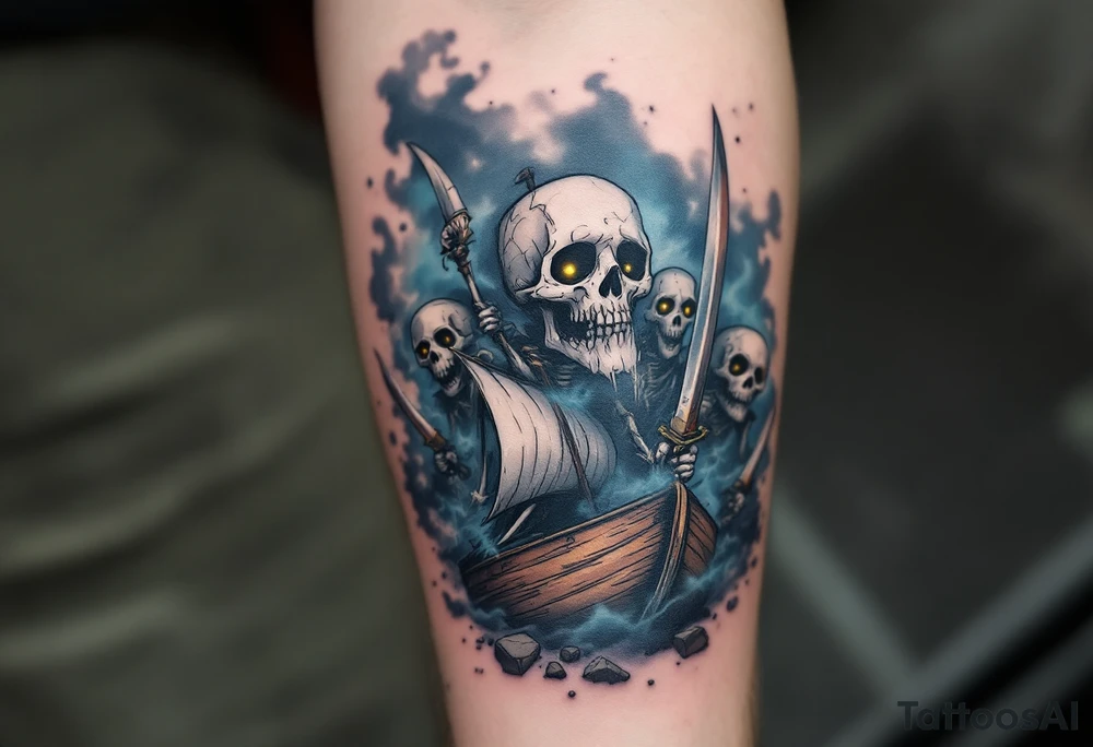 Whispering Dead Crew – A crew of skeletal pirates, their hollow eyes glowing faintly yellow, emerging from a misty blue and gray fog. They wield rusted swords and pistols, haunting the remains of a sunken ship. tattoo idea
