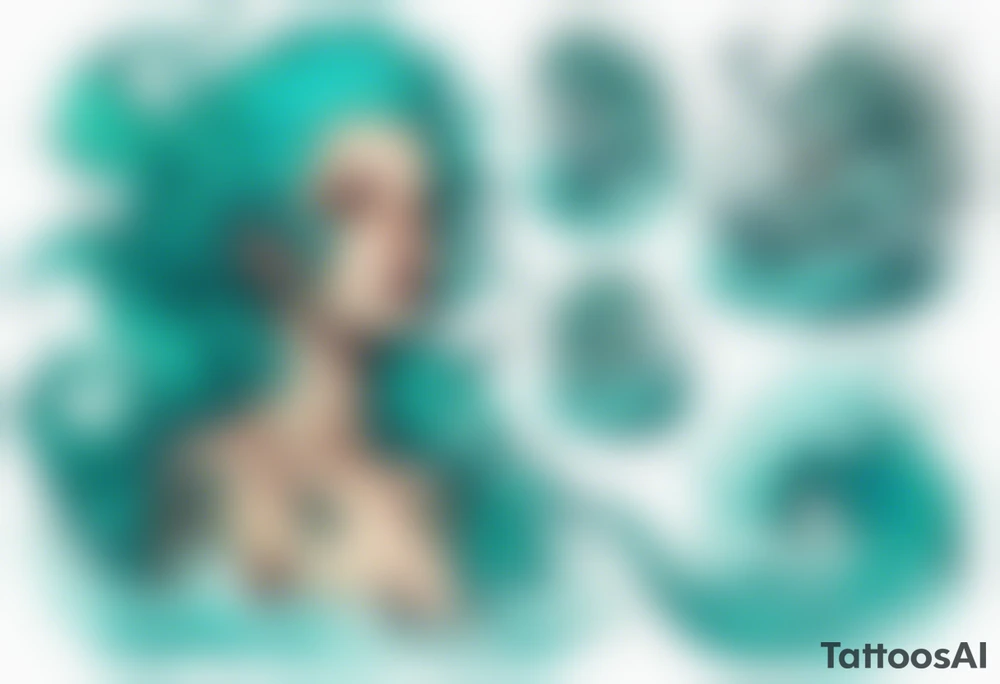 a beautiful female sea demon with turquoise hair standing in the sea surrounded by crashing waves tattoo idea