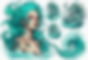 a beautiful female sea demon with turquoise hair standing in the sea surrounded by crashing waves tattoo idea