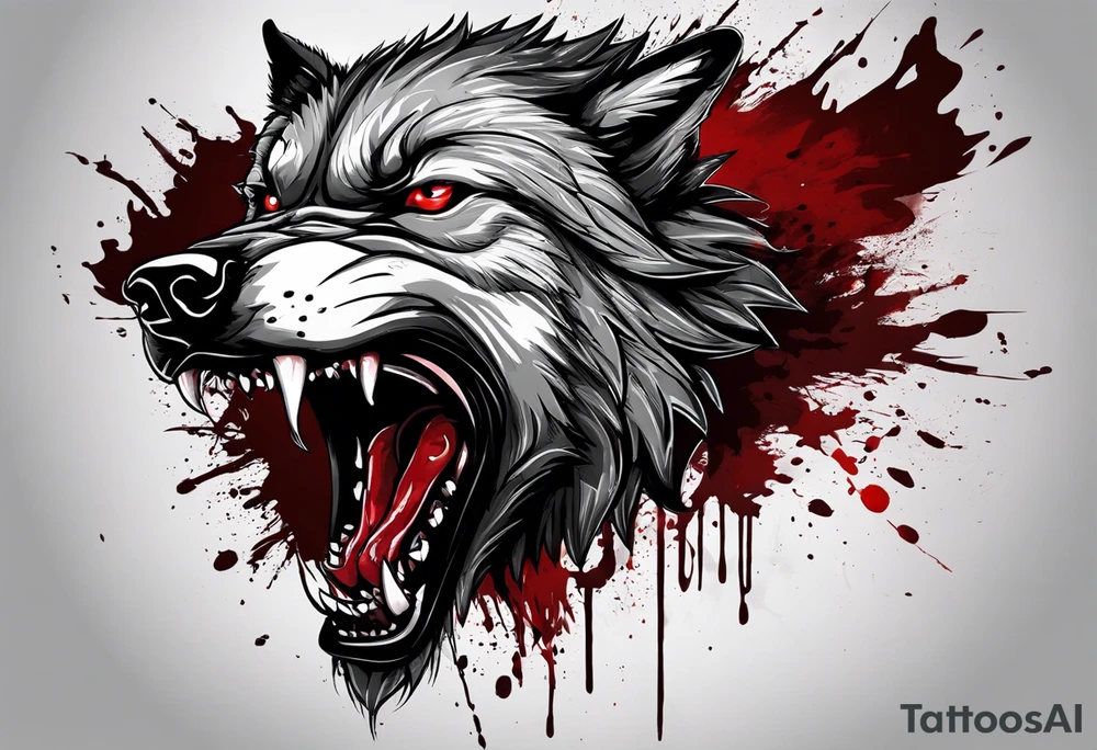 Create aggressive WOLF, with some blood coming out of his mouth and saliva. BLOOD IN THE BACKGROUND. Make it a drawing and use the image of reference. I am going to add. I want HIM TO BE ANGRY WITH RED EYES use VICIOUS WOLF THATS ANGRY tattoo idea