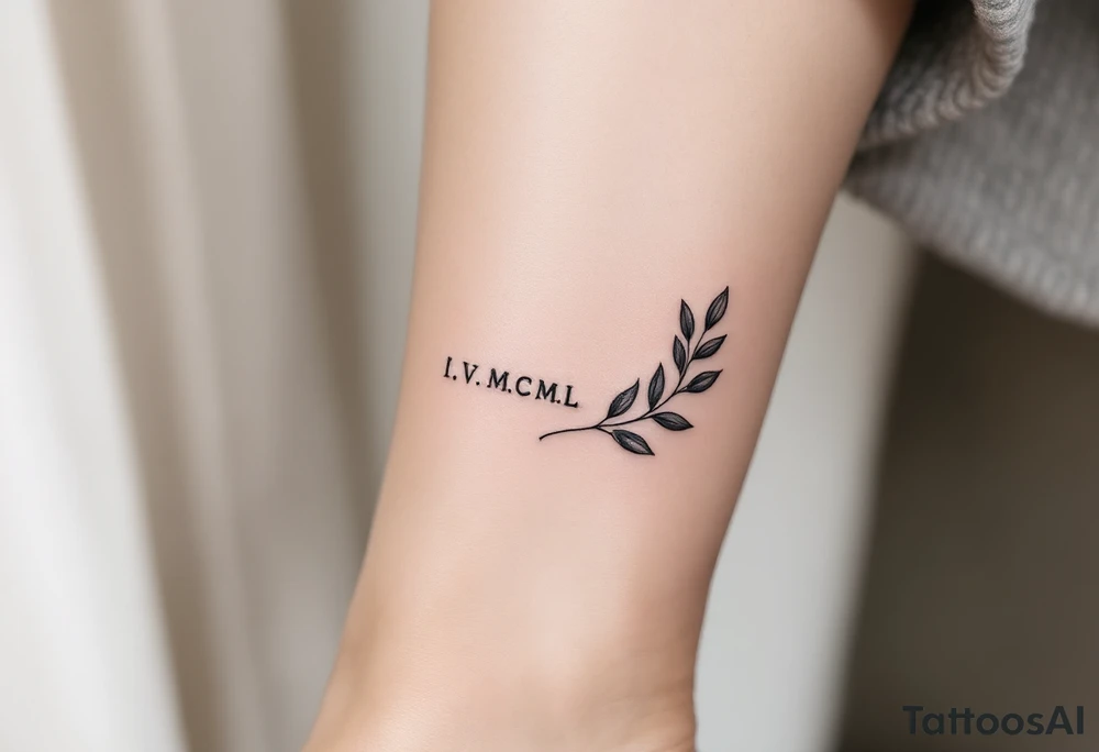 Tiny I.V.MCML on the ankle in black, paired with grayscale olive branches extending around the leg tattoo idea