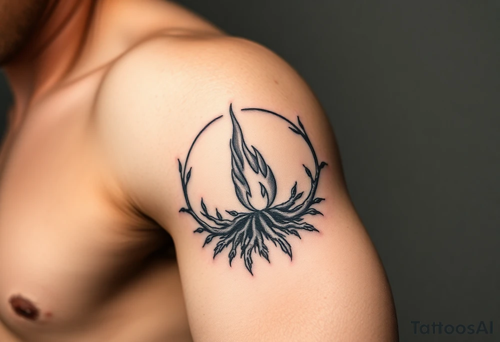 a flame imprisoned in roots circle tattoo idea