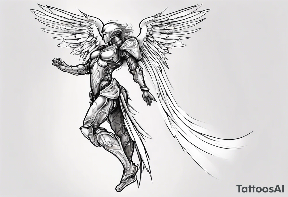 Side view of an angel wearing inorganic armor that is in mid-air stance tattoo idea