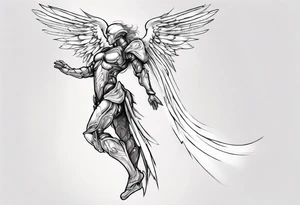 Side view of an angel wearing inorganic armor that is in mid-air stance tattoo idea