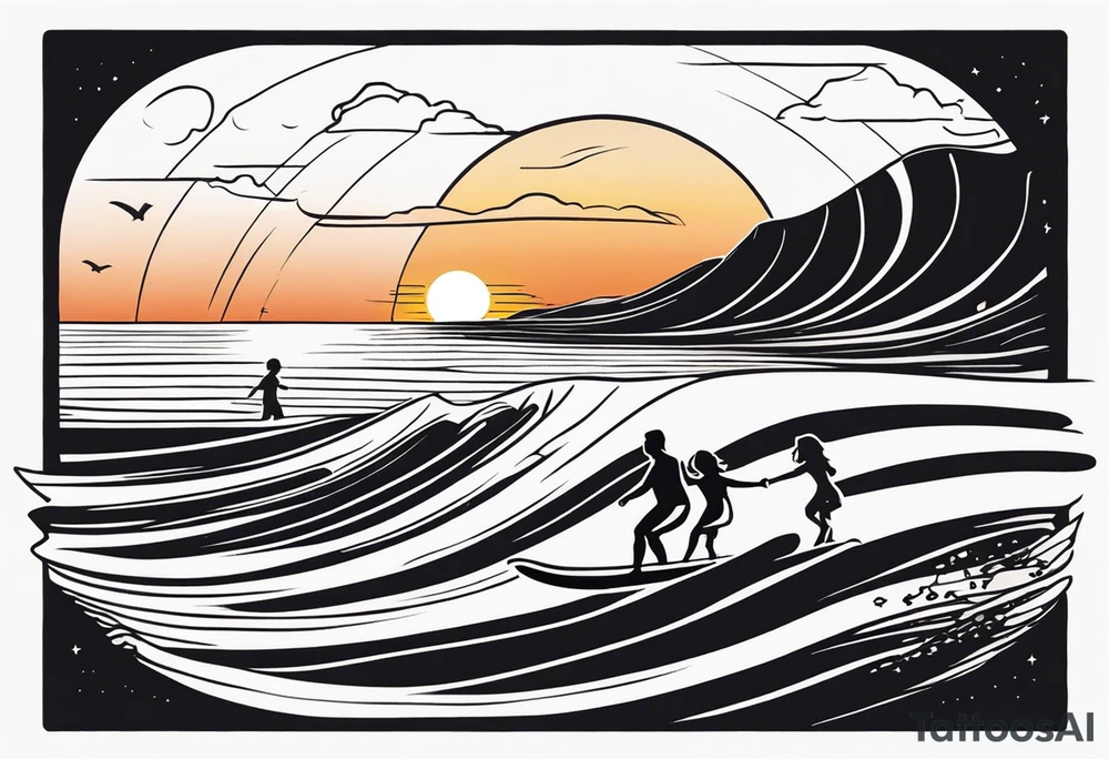 Black and white minimalist Line work tattoo depicting a father surfing with his two daughters.  The sunset and horizon have musical notes. tattoo idea