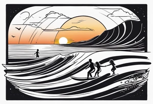 Black and white minimalist Line work tattoo depicting a father surfing with his two daughters.  The sunset and horizon have musical notes. tattoo idea