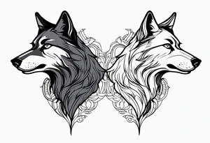 a wolf and a raven back to back facing opposite direction tattoo idea
