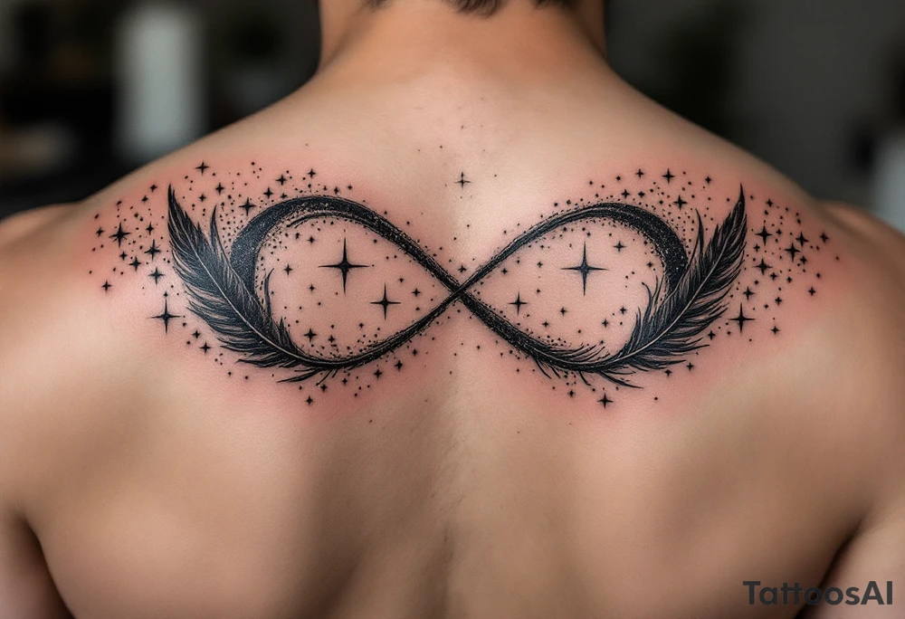 infinity symbol woven with floating feathers and stardust tattoo idea