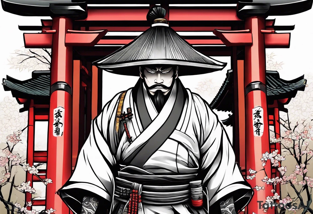 Irezumi style samurai in front of shinto shrine in bamboo grove tattoo idea