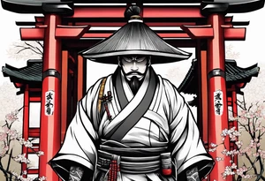Irezumi style samurai in front of shinto shrine in bamboo grove tattoo idea