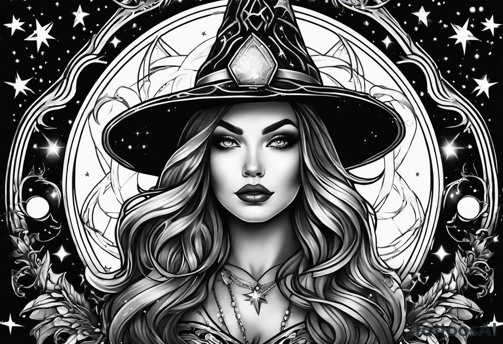 micro realistic tattoo witch cosmic theme tattoo idea