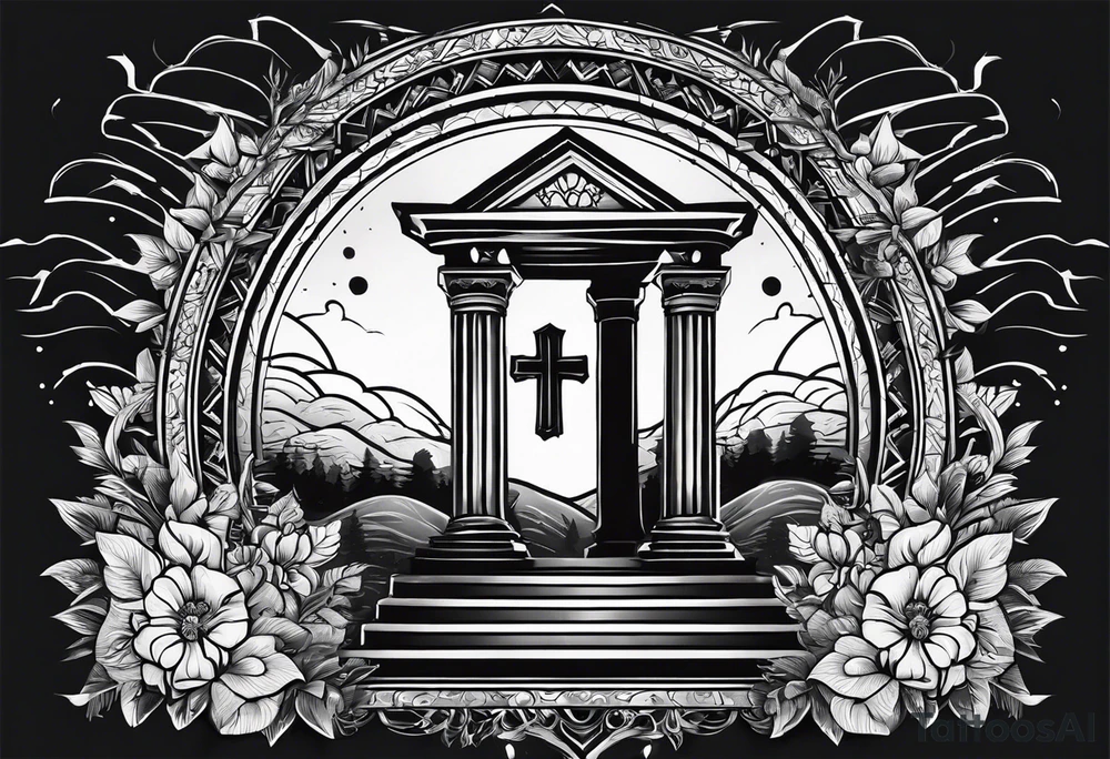 Tomb with cross and sun in the background tattoo idea