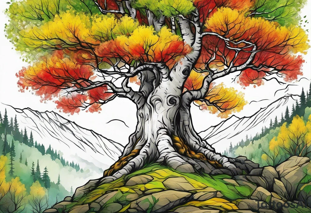 birch tree
with yellow, green and red colours tattoo idea