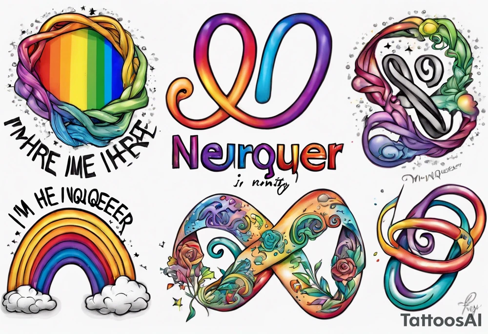 rainbow infinity symbol with the words "I'm Here, I'm Neuroqueer" tattoo idea