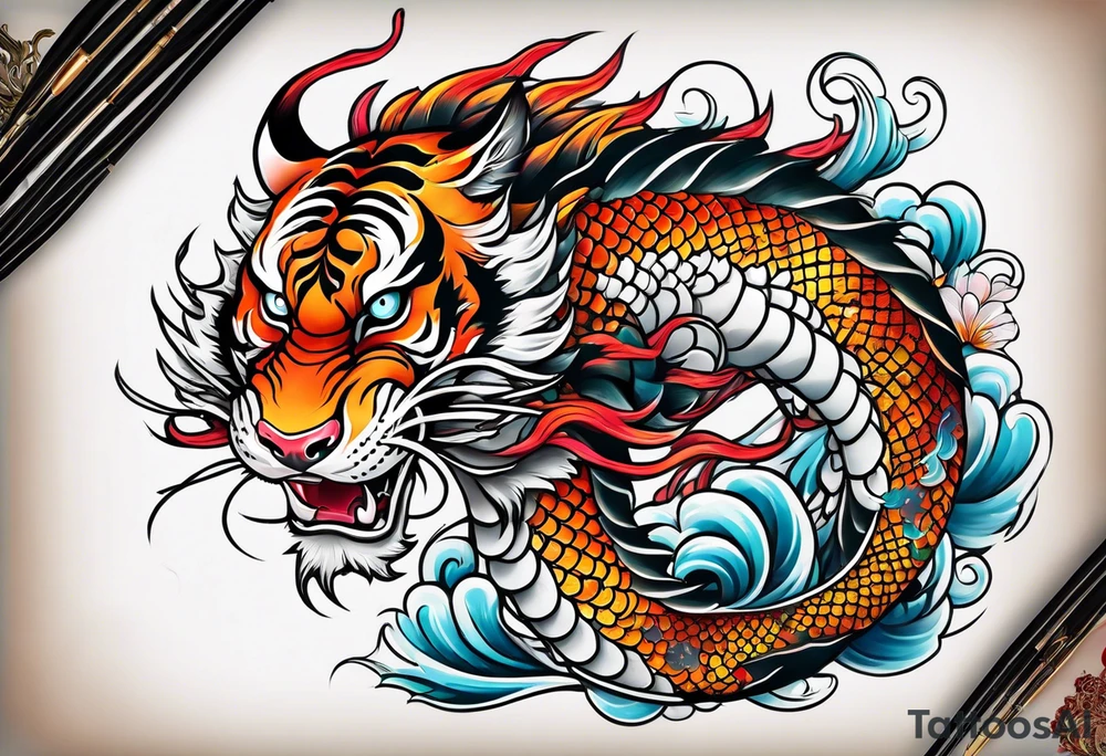 koi tiger dragon chinese cheery blossom tattoo idea