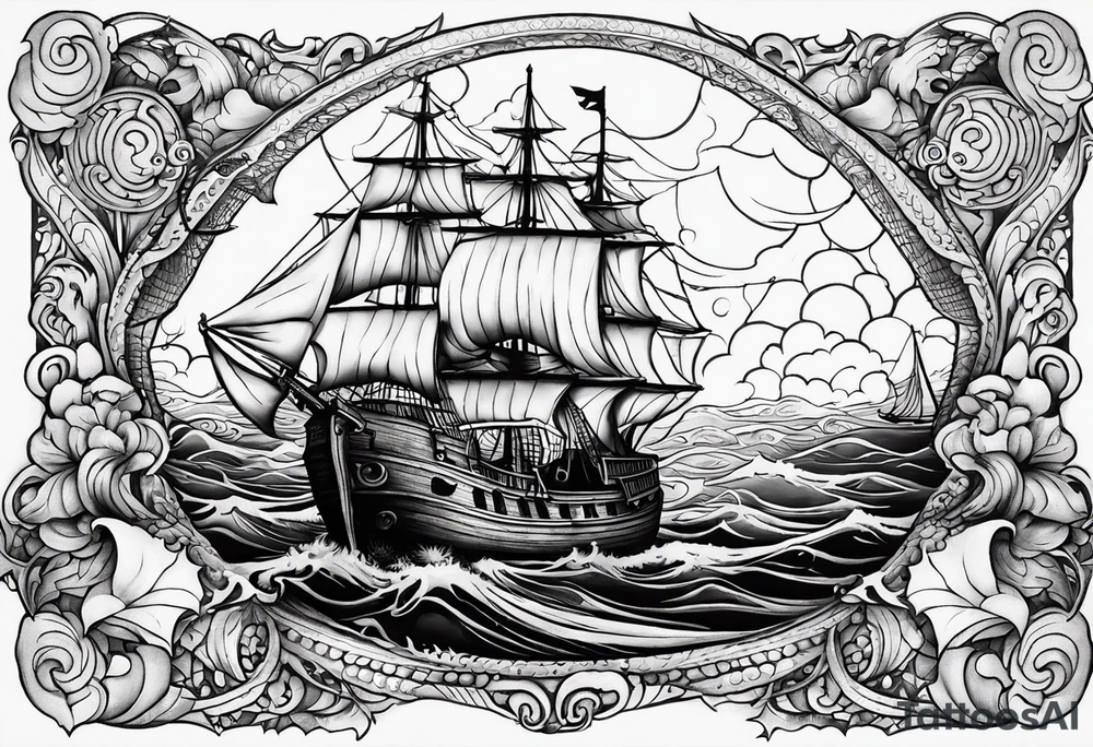 I apologize for that! Let's refine the approach to create a more authentic and detailed tattoo design. I'll focus on creating a design that better aligns with the artistic style and complexity of a full-sleeve tattoo.

Here's a new approach:

1. **Detailed Kraken and Boat**: Create a more realistic and intricate depiction of the Kraken and the boat.
2. **Tentacle and Skull**: Design the tentacles with a focus on wrapping around the arm and interacting with a detailed skull.
3. **Text Integration**: Integrate the text "Dead men" and "Tell no tales" in a style fitting the tattoo theme. tattoo idea