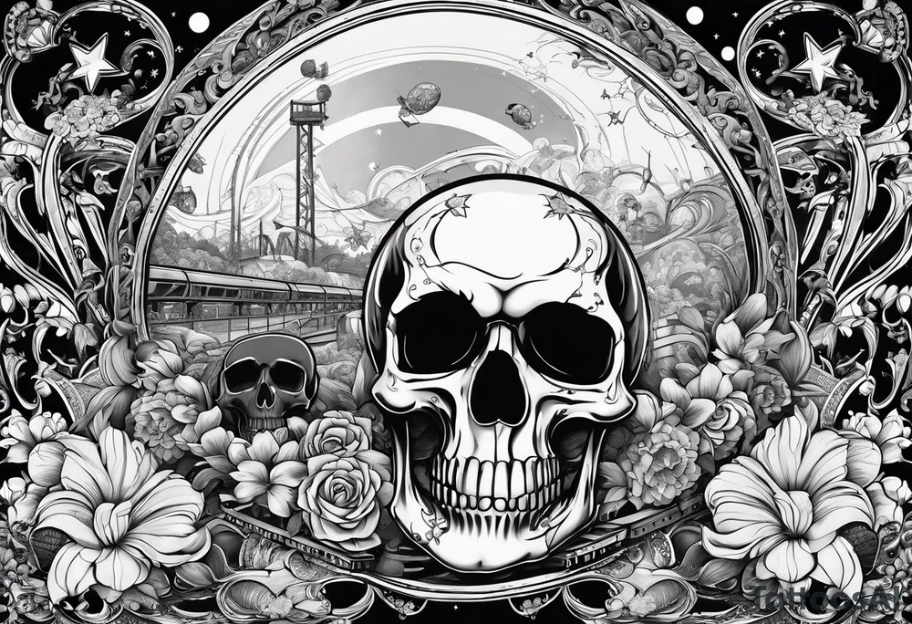 round bottom flask, roller coaster track, skulls, flowers, space with stars tattoo idea