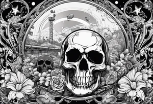 round bottom flask, roller coaster track, skulls, flowers, space with stars tattoo idea