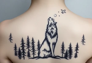 Lone wolf howling at the moon stars in the night sky in a forest with a little dove in the sky tattoo idea