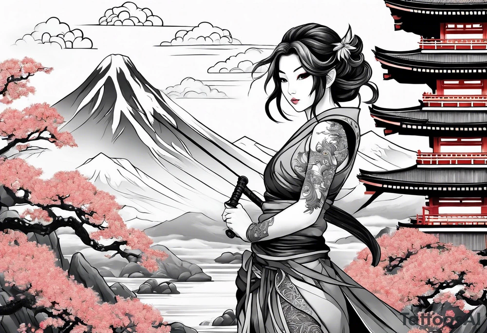 warrior beautiful fairy nymph with a full body with a sword and a full dragon with a mountain with clouds and a Japanese building background tattoo idea