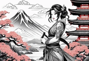 warrior beautiful fairy nymph with a full body with a sword and a full dragon with a mountain with clouds and a Japanese building background tattoo idea