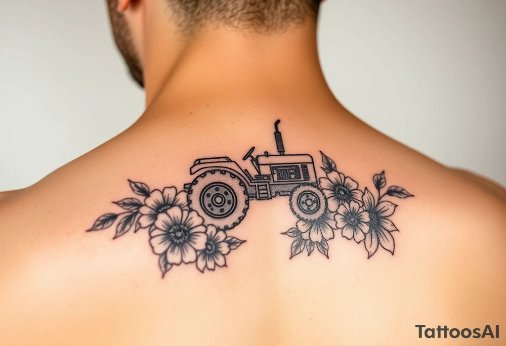 Small
Dainty behind the ear tractor tattoo surrounded with flowers tattoo idea