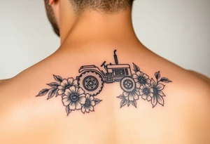 Small 
Dainty behind the ear tractor tattoo surrounded with flowers tattoo idea