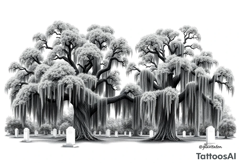 Laurel oaks with Spanish moss in a cemetery tattoo idea