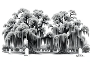 Laurel oaks with Spanish moss in a cemetery tattoo idea