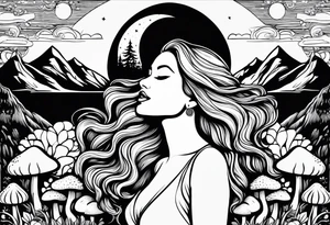 Chubby middle aged blonde woman long hair thin lips surrounded by mushrooms crescent moon mountains background "GRACEFUL" tattoo idea