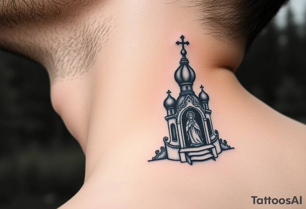 russian design traditional christian orthodox cross with a virgin mary stood beside the entrance of a russian orthodox dome church on the side of the neck in a wilderness setting with the design spread out the side of the neck tattoo idea