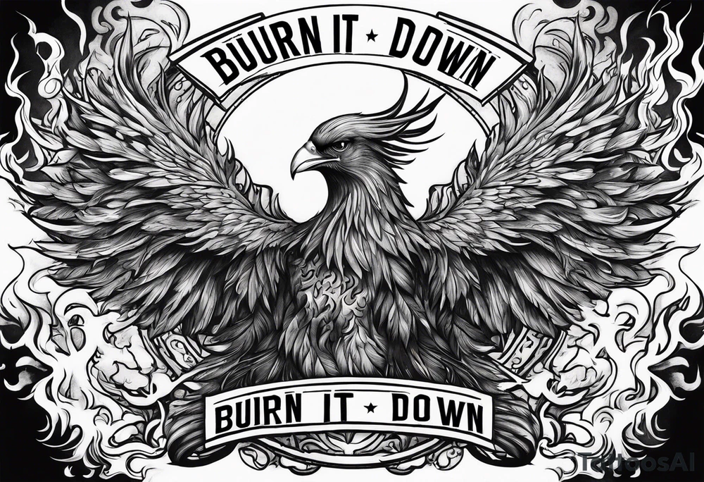Bold text "BURN IT DOWN" engulfed with flames and smoke of a phoenix tattoo idea Bold text "BURN IT DOWN" engulfed with flames and smoke of a phoenix tattoo idea