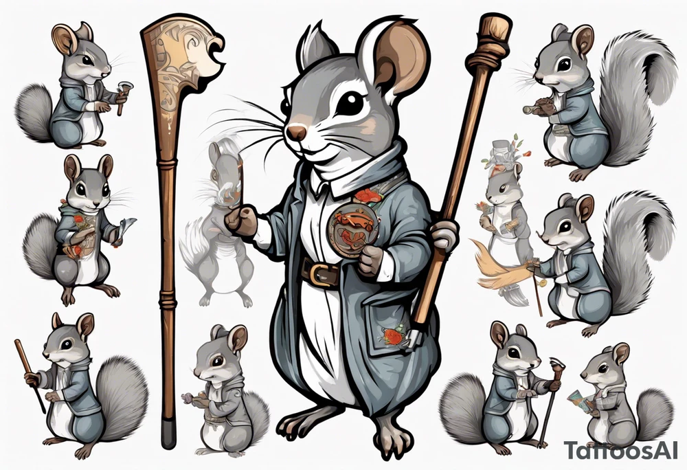 a grey squirrel dressed in a tunic holding a large white stick tattoo idea