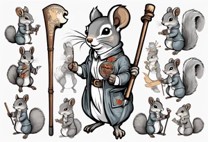 a grey squirrel dressed in a tunic holding a large white stick tattoo idea