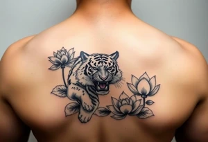 fierce tiger emerging through blooming lotus flowers in mist tattoo idea