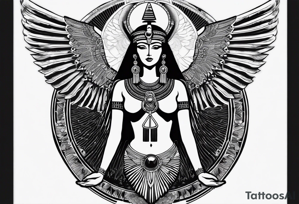 black and white Egyptian goddess Isis, who is often depicted as a woman with outstretched wings, holding an ankh (a symbol of life) in one hand and a lotus flower in the other. Her headdress often includes a throne or a solar disk. The tattoo design can vary in style and size, but it typically aims to capture the essence of this revered Egyptian deity, emphasizing her beauty, power, and maternal qualities. The choice of colors and additional elements can also be customized to create a unique and visually striking representation of the goddess Isis tattoo idea