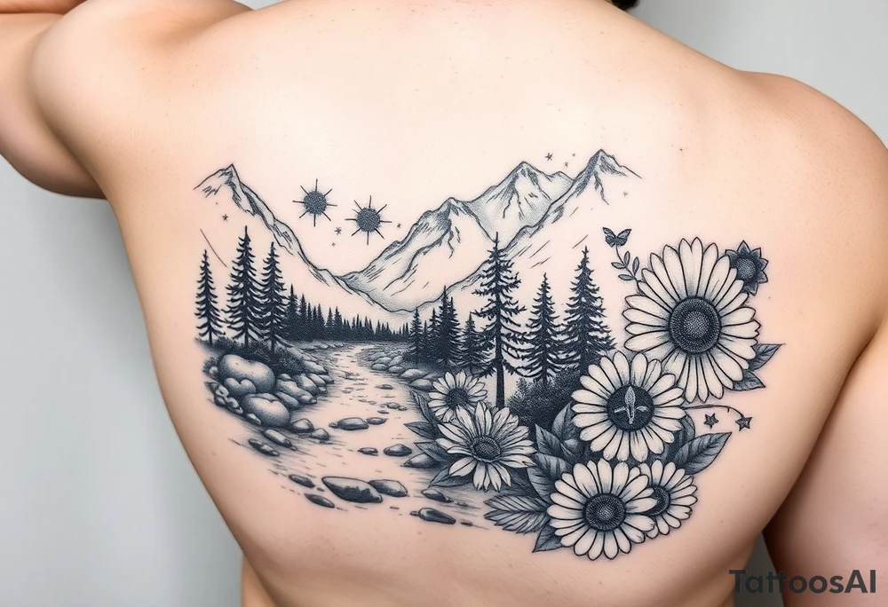 full arm black and white tattoo realistic nature landscape majestic river flowing down bright mountains trees, daisies, chrysanthemums a real bee on one flower a large compass on the forearm tattoo idea