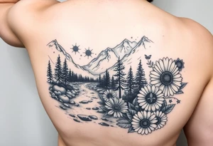 full arm black and white tattoo realistic nature landscape majestic river flowing down bright mountains trees, daisies, chrysanthemums a real bee on one flower a large compass on the forearm tattoo idea