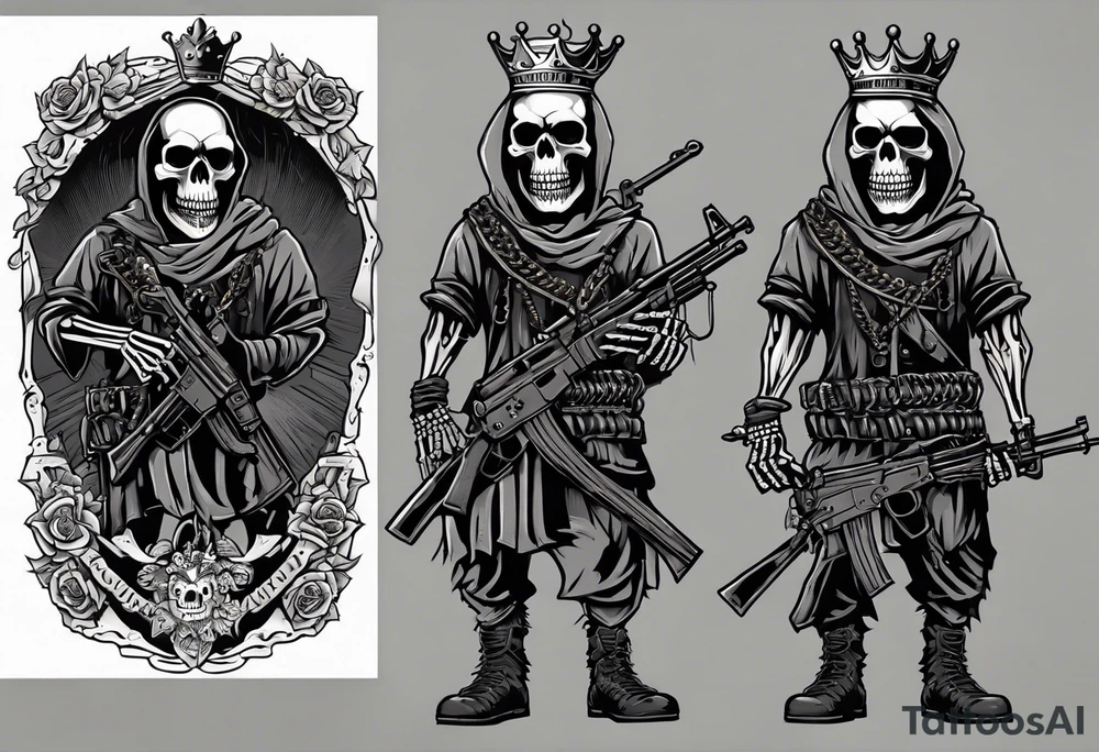 image of a skeleton standing frontally with a crown on his head, holding an AK-47 on his shoulder with his right hand. The chain on the left should be taut, there are three angry barking Dobermans in it, near the waist tattoo idea