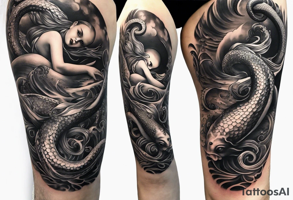Octopus looking up at a mermaid in the ocean wrap around entire bottom of leg. tattoo idea