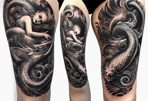 Octopus looking up at a mermaid in the ocean wrap around entire bottom of leg. tattoo idea